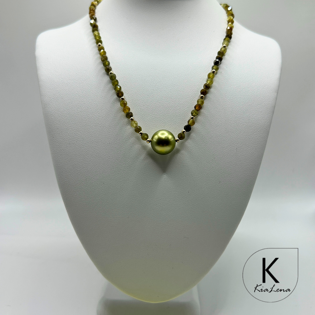 16 3/4" to 18 1/2" Pistachio Tahitian Pearl  & Green Garnet Necklace