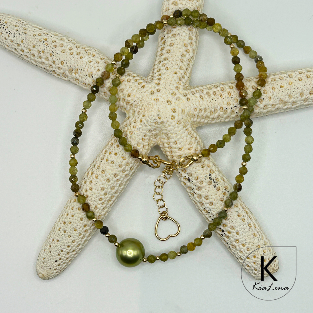 16 3/4" to 18 1/2" Pistachio Tahitian Pearl  & Green Garnet Necklace