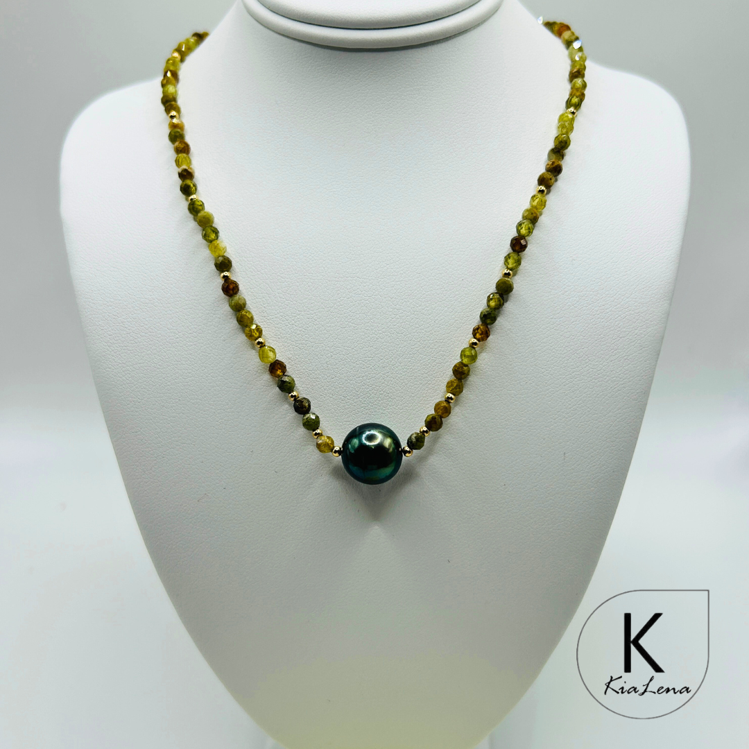 15 1/4" to 16 3/4" Single Tahitian Pearl with Green Garnet Necklace