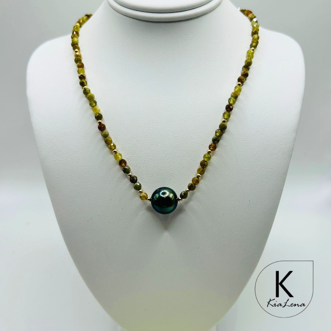 Solitaire Tahitian Pearl with Green Garnet Necklace