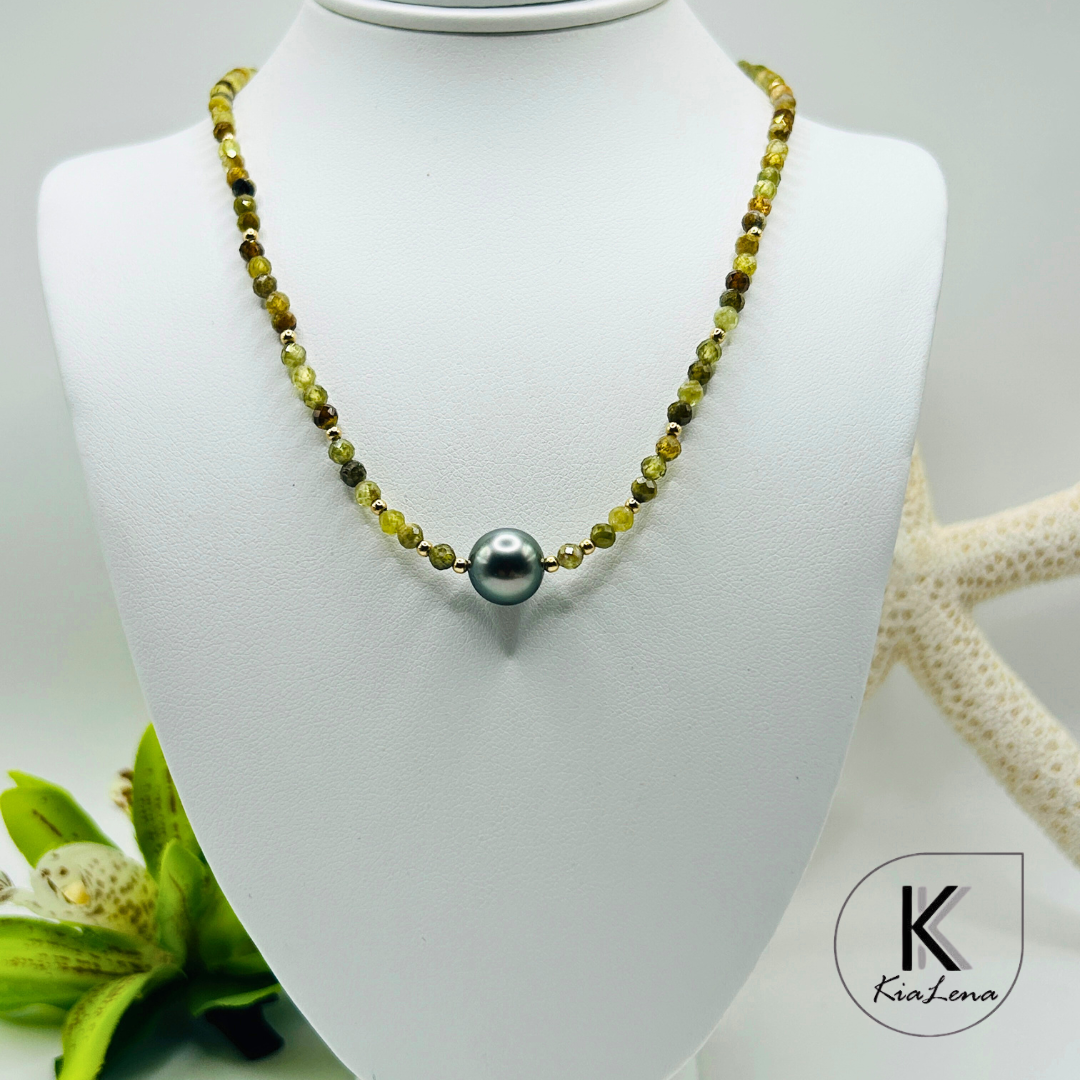 Solitaire Tahitian Pearl with Green Garnet Necklace