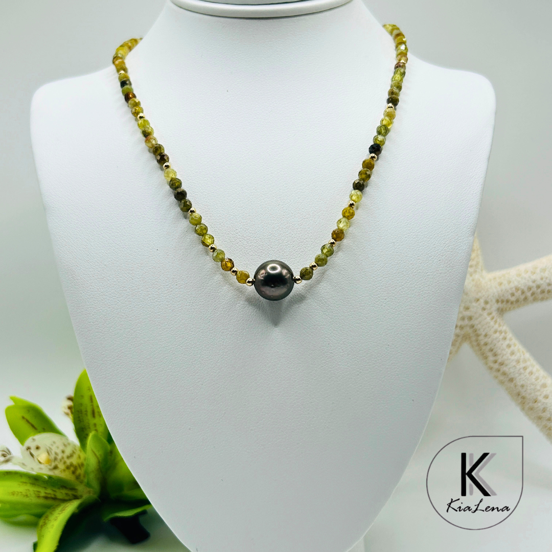 Solitaire Tahitian Pearl with Green Garnet Necklace