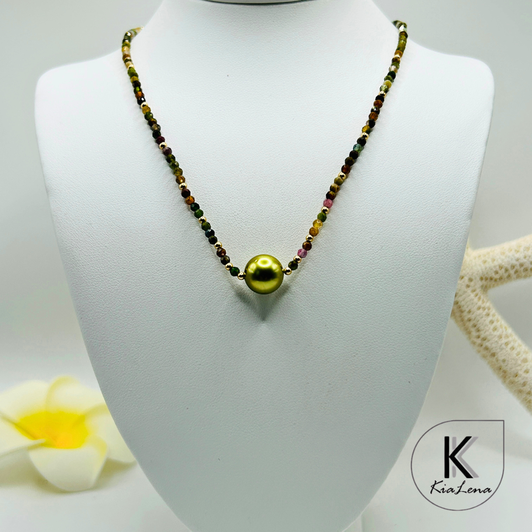 Solitaire Pistacio Tahitian Pearl with Opal Necklace