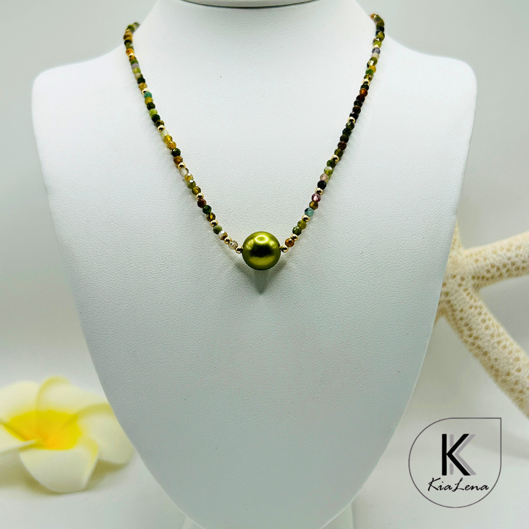 Solitaire Pistacio Tahitian Pearl with Opal Necklace
