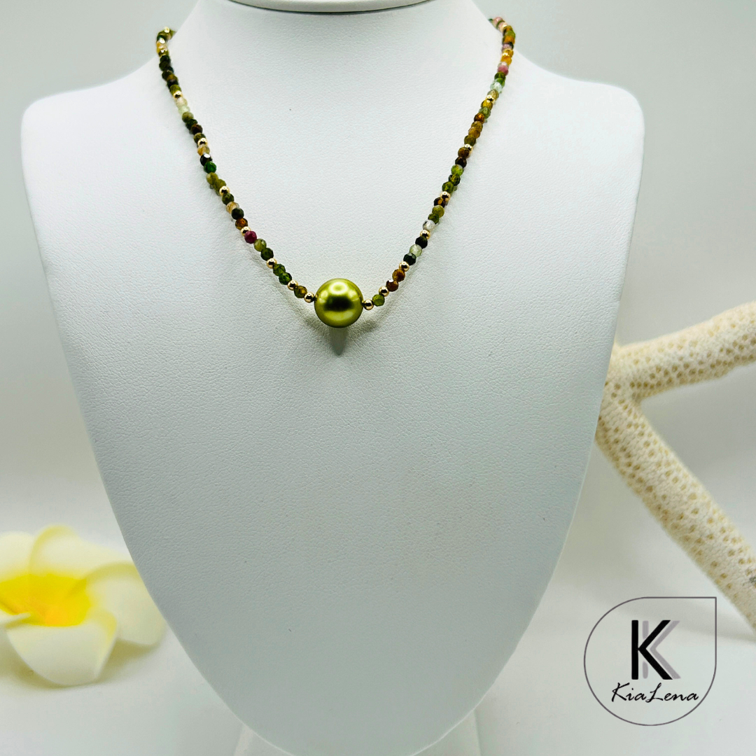 Solitaire Pistacio Tahitian Pearl with Opal Necklace