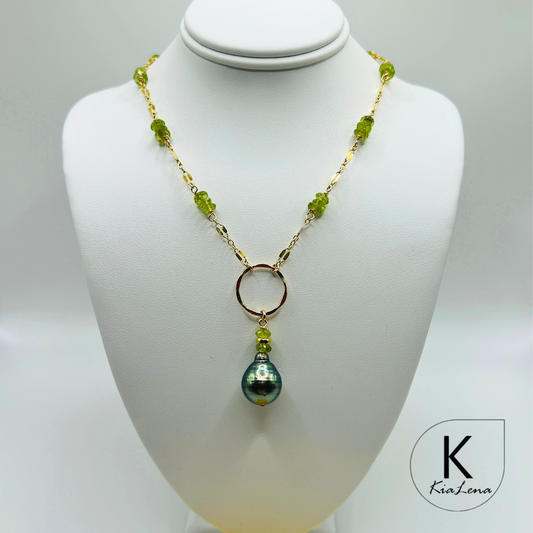 18 1/2" to 20" Tear Drop Tahitian Pearl  & Peridot Necklace