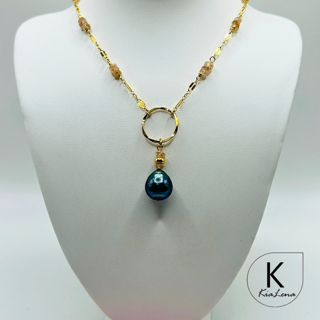 18 1/2" to 20 1/2" Tear Drop Tahitian Pearl  & Quartz Necklace