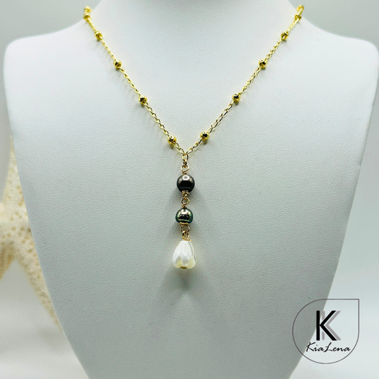 15" to 16 3/4" Tahitian Keshi Pearls  & Pikake Drop Necklace
