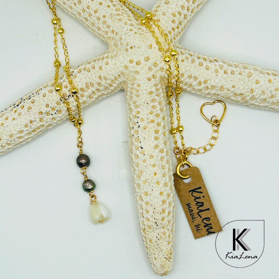 15" to 16 3/4" Tahitian Keshi Pearls  & Pikake Drop Necklace