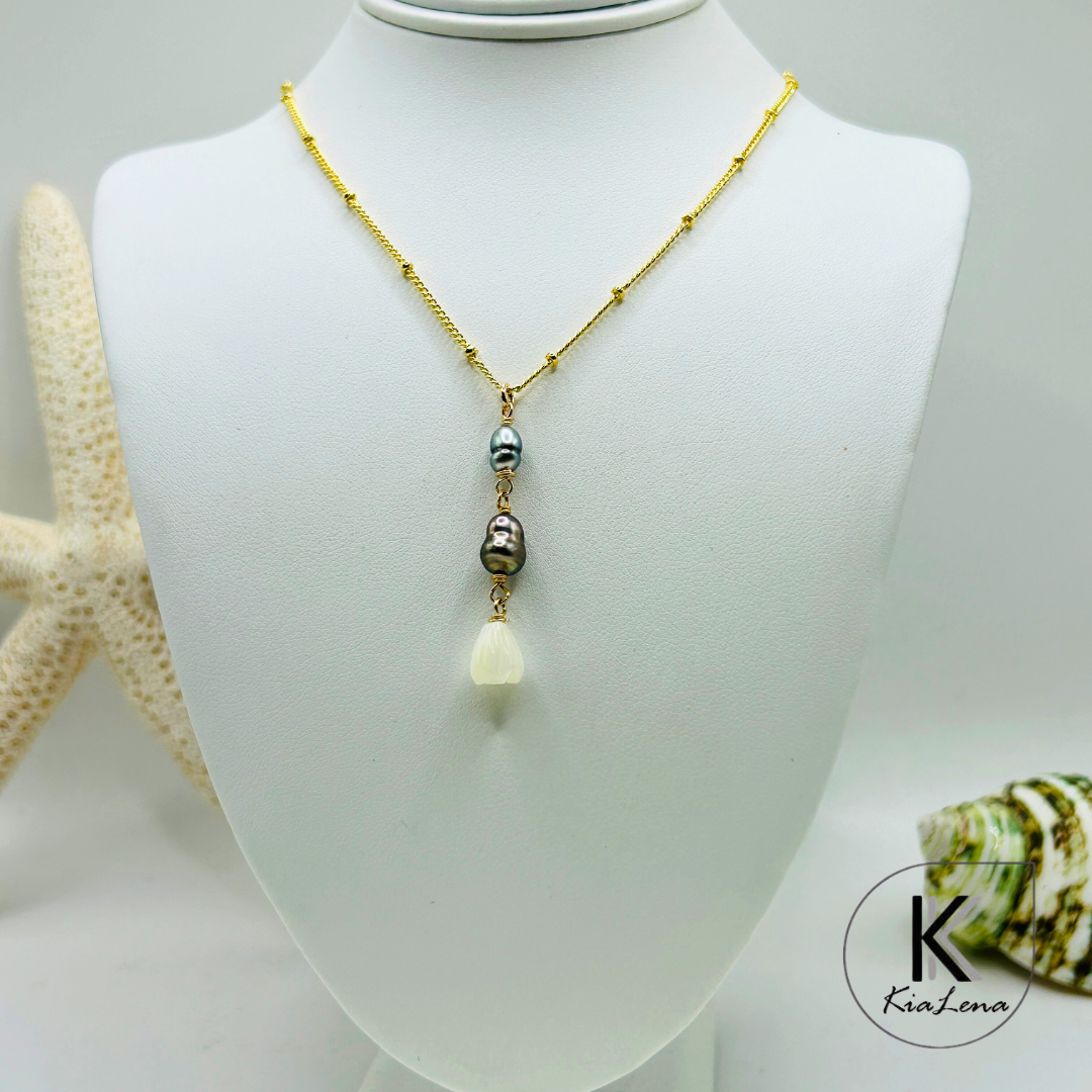 Tahitian Keshi Pearls  & Pikake Drop Necklace