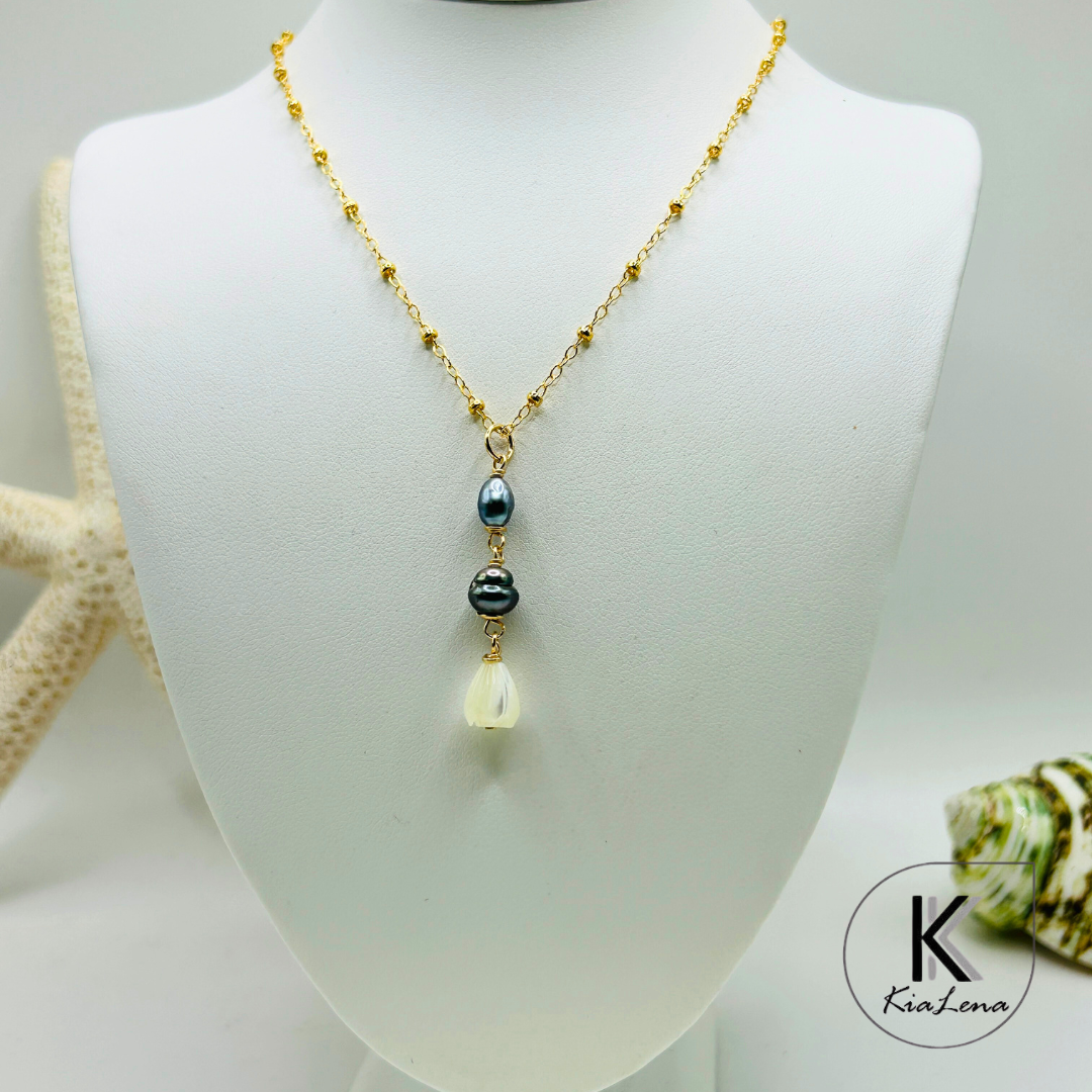 Tahitian Keshi Pearls  & Pikake Drop Necklace