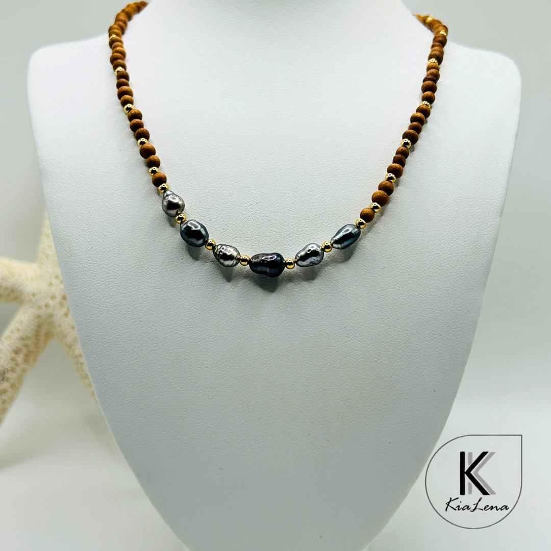 Six Tahitian Keshi Pearls with Sandalwood Necklace