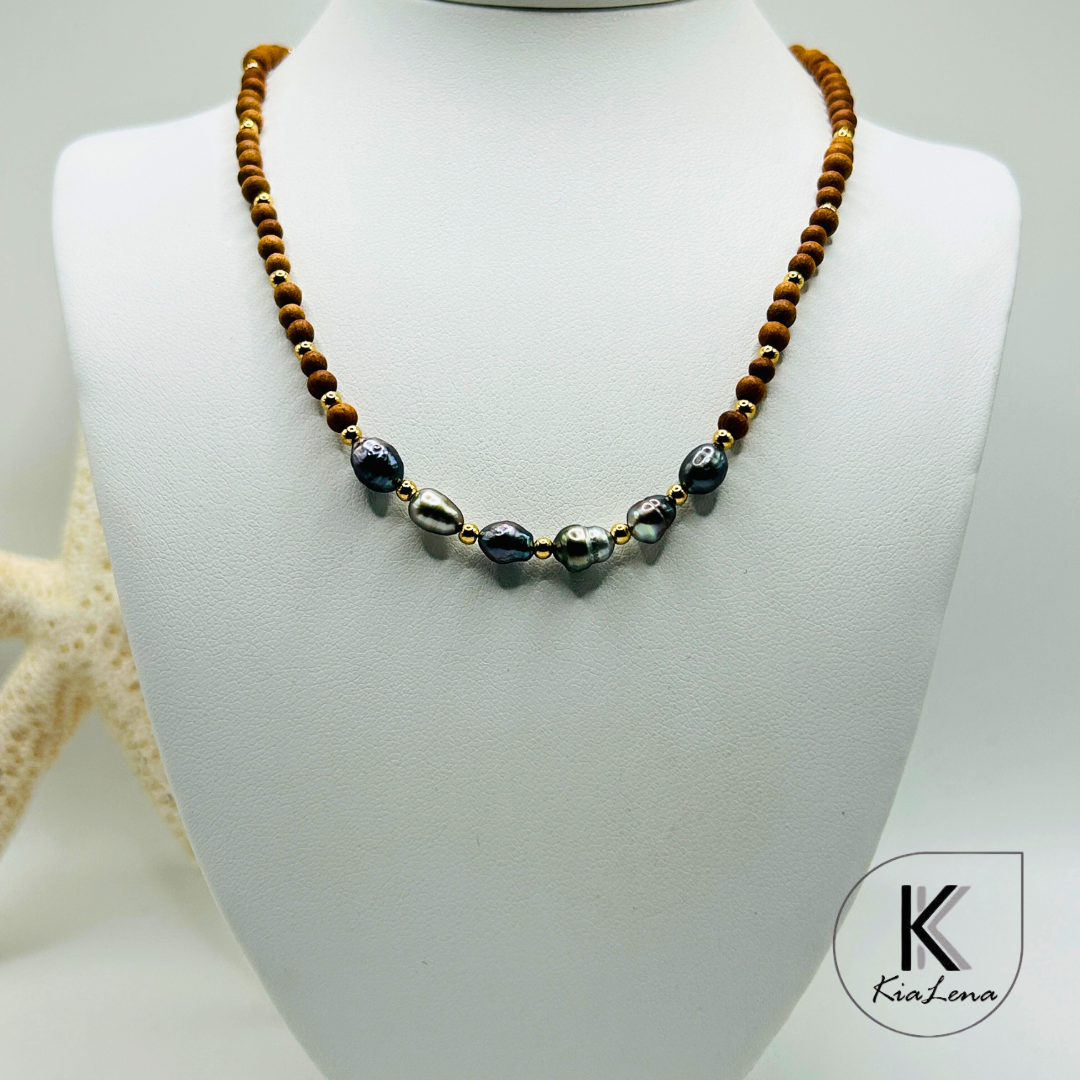 Six Tahitian Keshi Pearls with Sandalwood Necklace