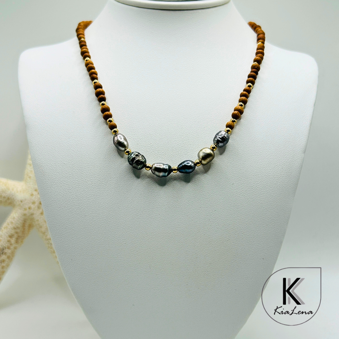 Six Tahitian Keshi Pearls with Sandalwood Necklace