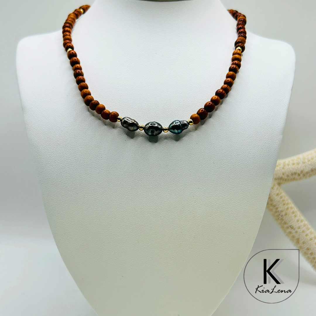 Triple Tahitian Keshi Pearl with Sandalwood Necklace