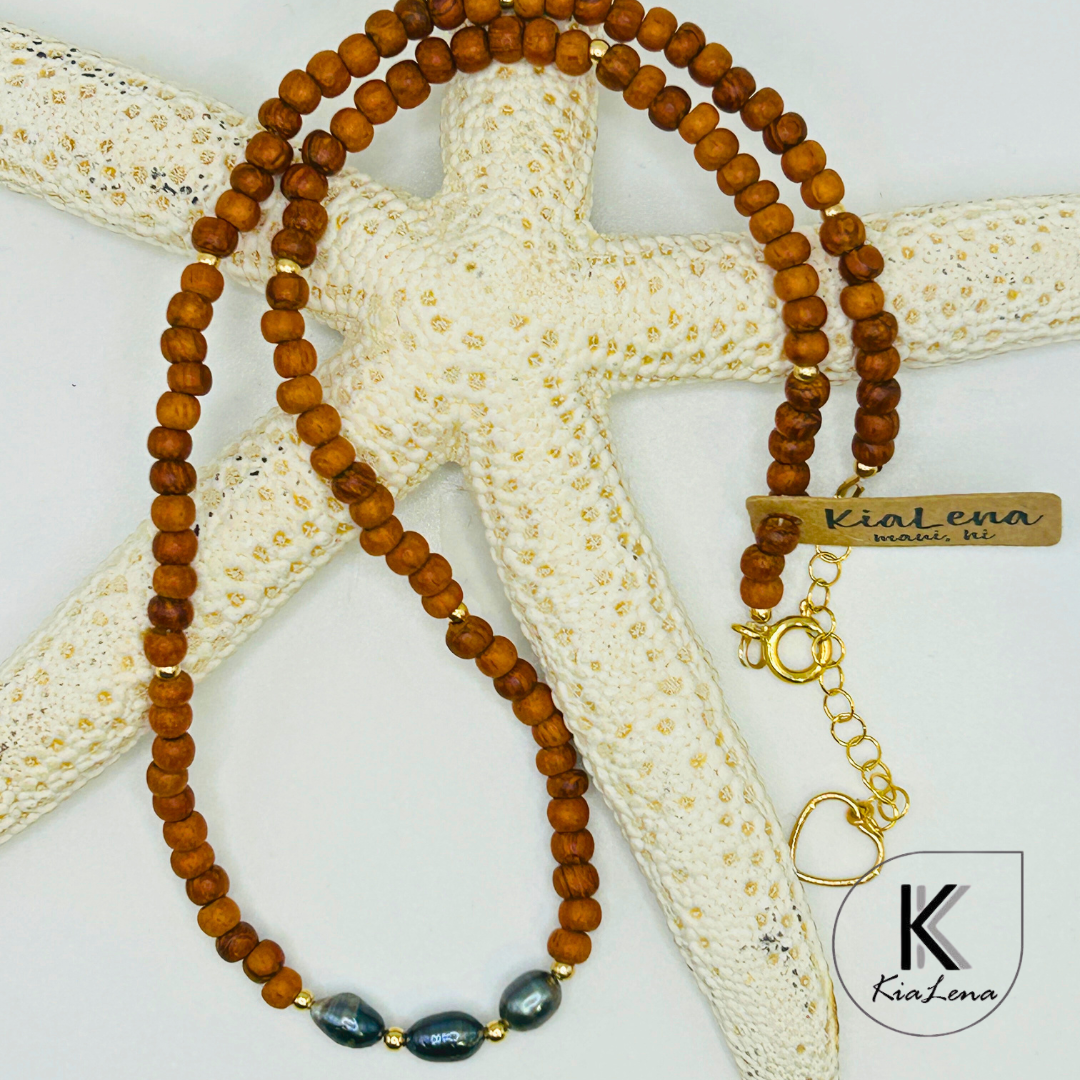 Triple Tahitian Keshi Pearl with Sandalwood Necklace