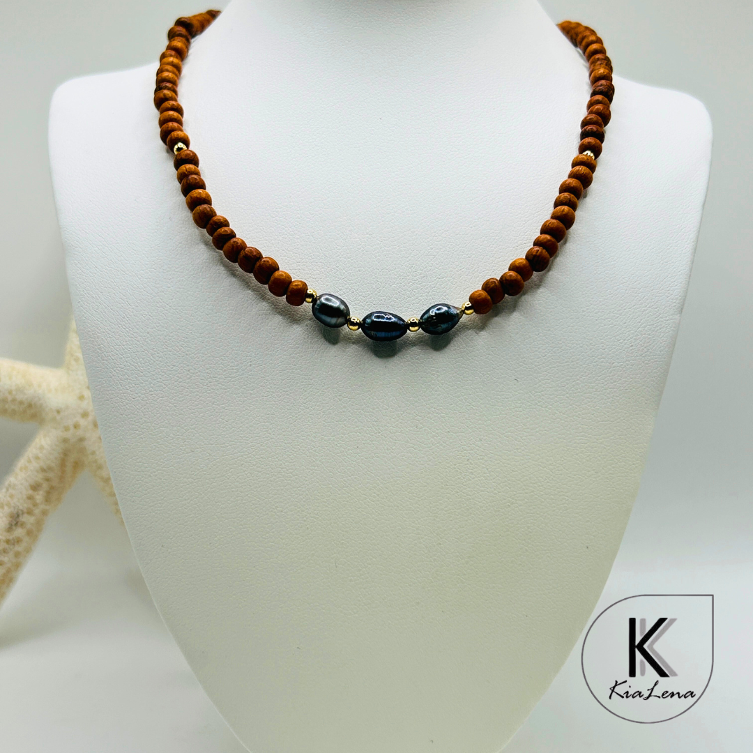 Triple Tahitian Keshi Pearl with Sandalwood Necklace
