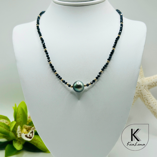Solitaire Tahitian Pearl with Spinel Stone Necklace