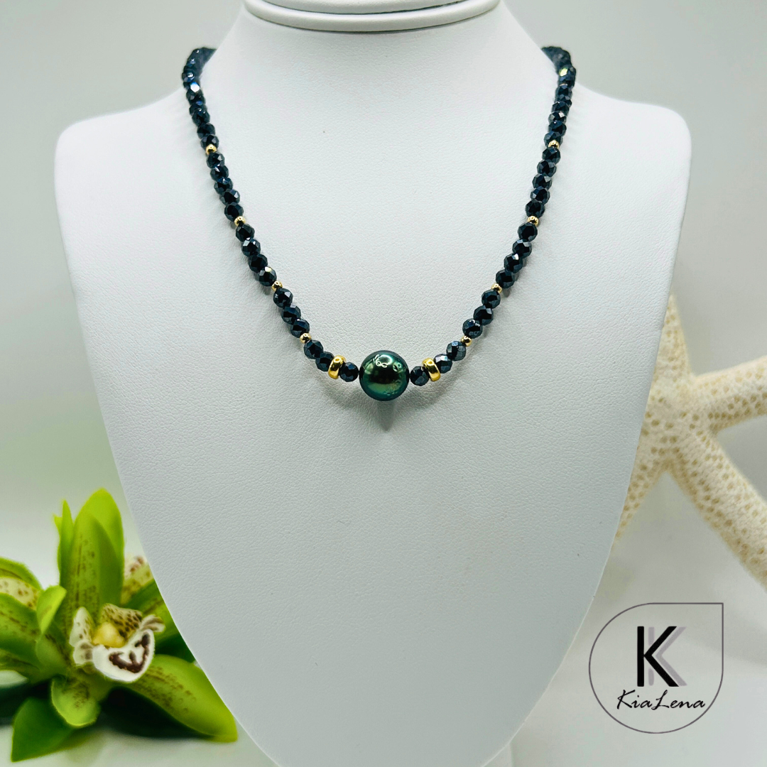Solitaire Tahitian Pearl with Spinel Stone Necklace