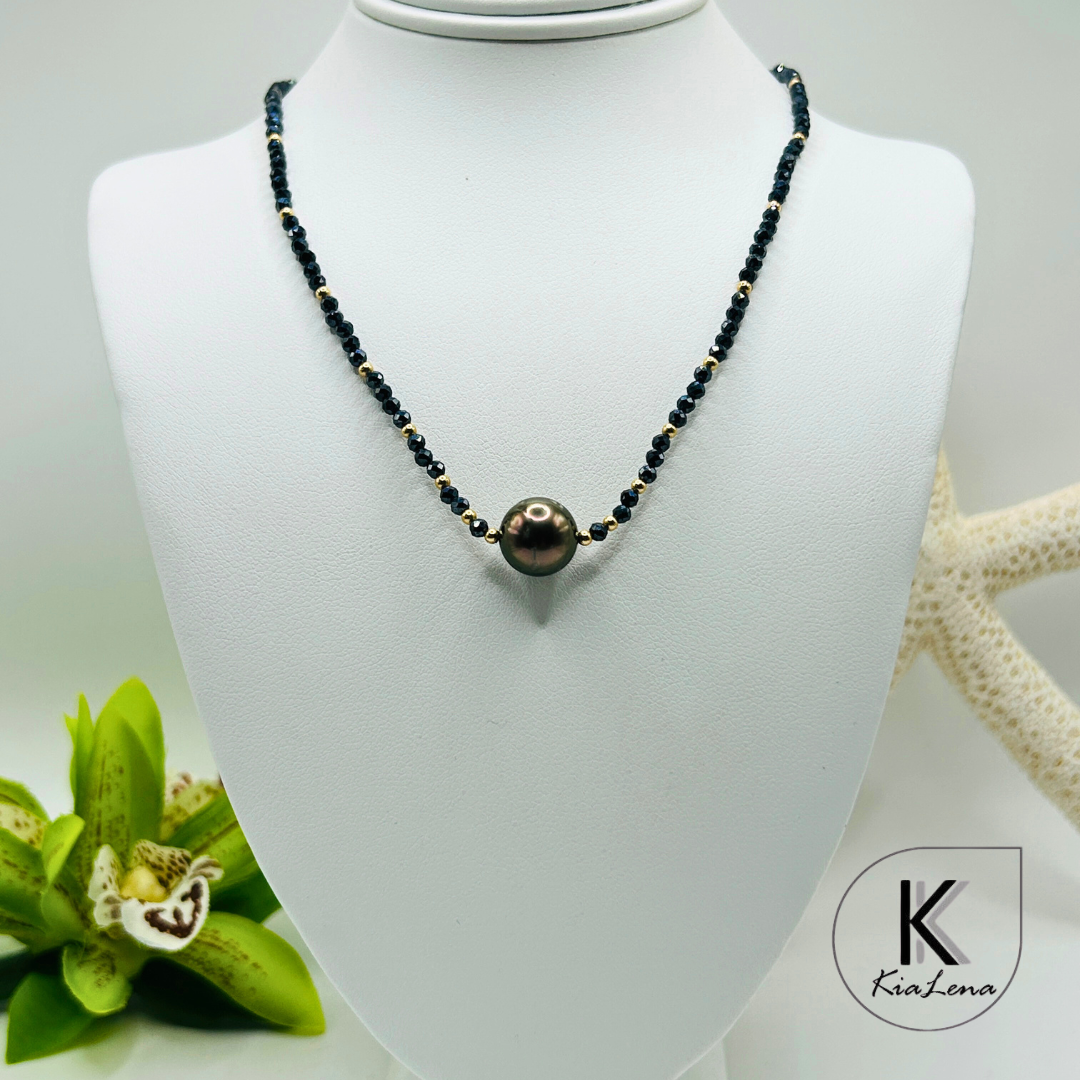 Solitaire Tahitian Pearl with Spinel Stone Necklace