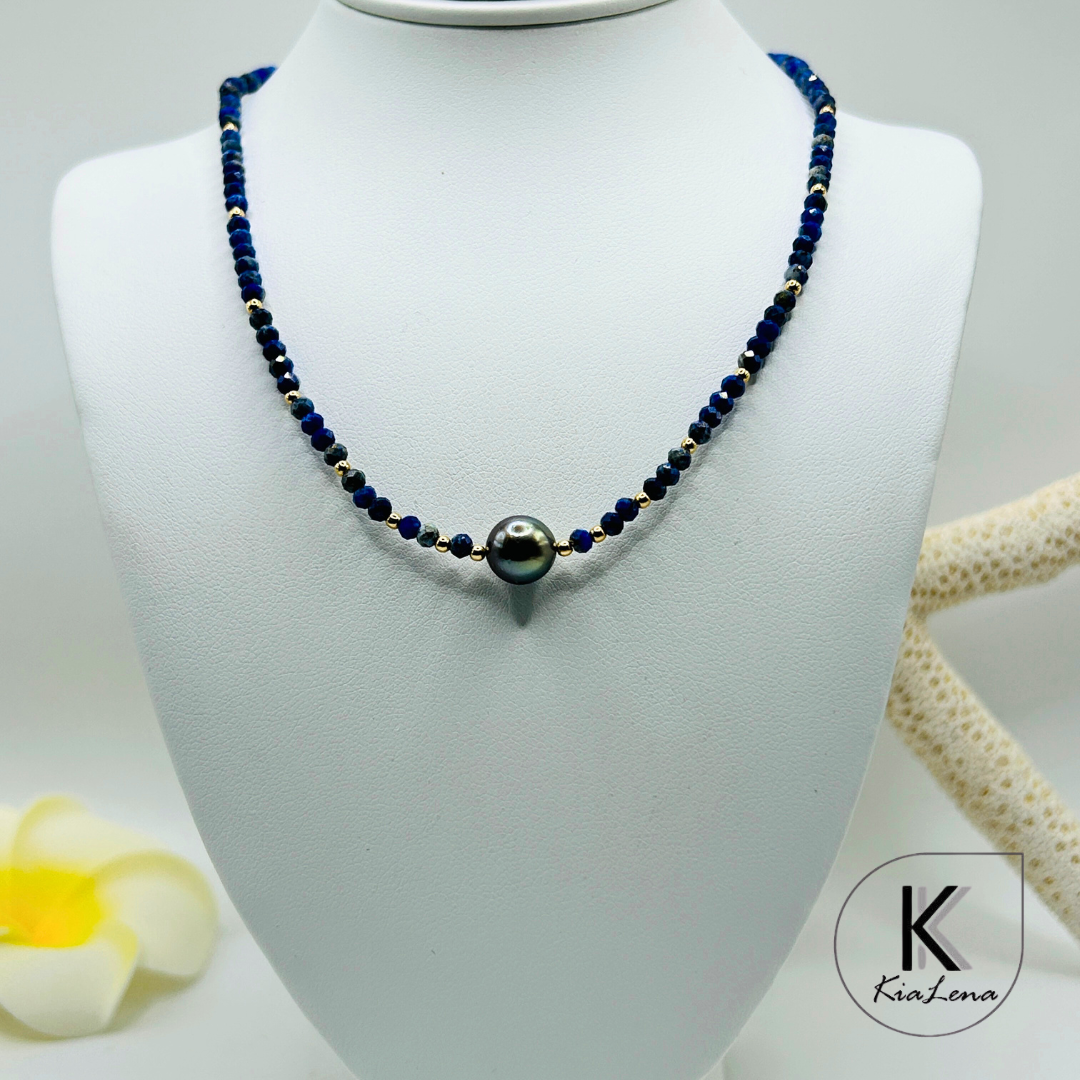 16 1/2" Tahitian Pearl & Lapis Stone Necklace