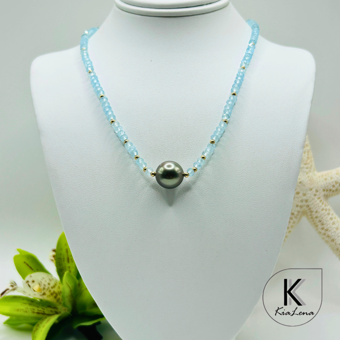 Solitaire Pistachio Tahitian Pearl  & Blue Topaz Necklace