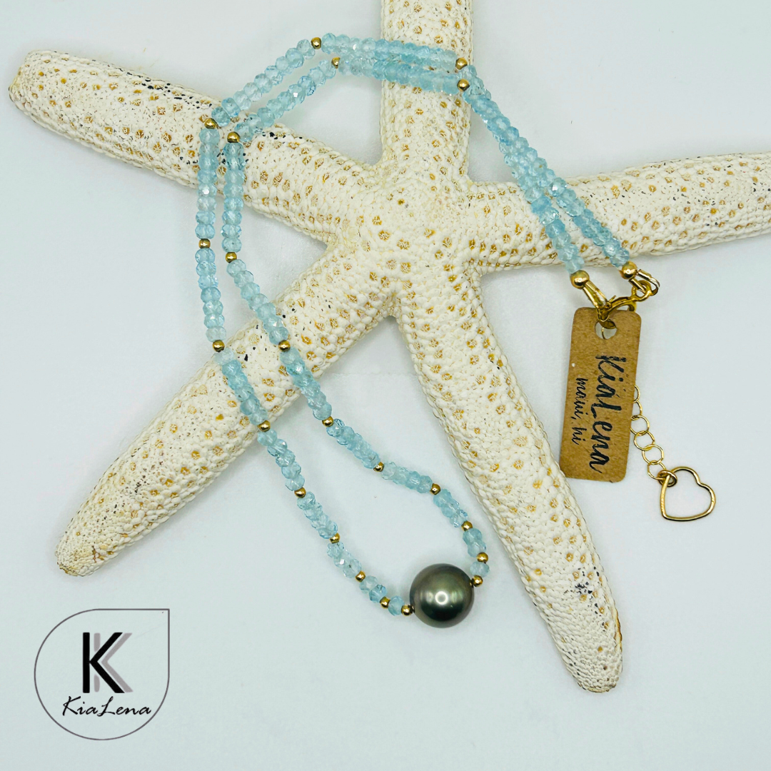 Solitaire Pistachio Tahitian Pearl  & Blue Topaz Necklace
