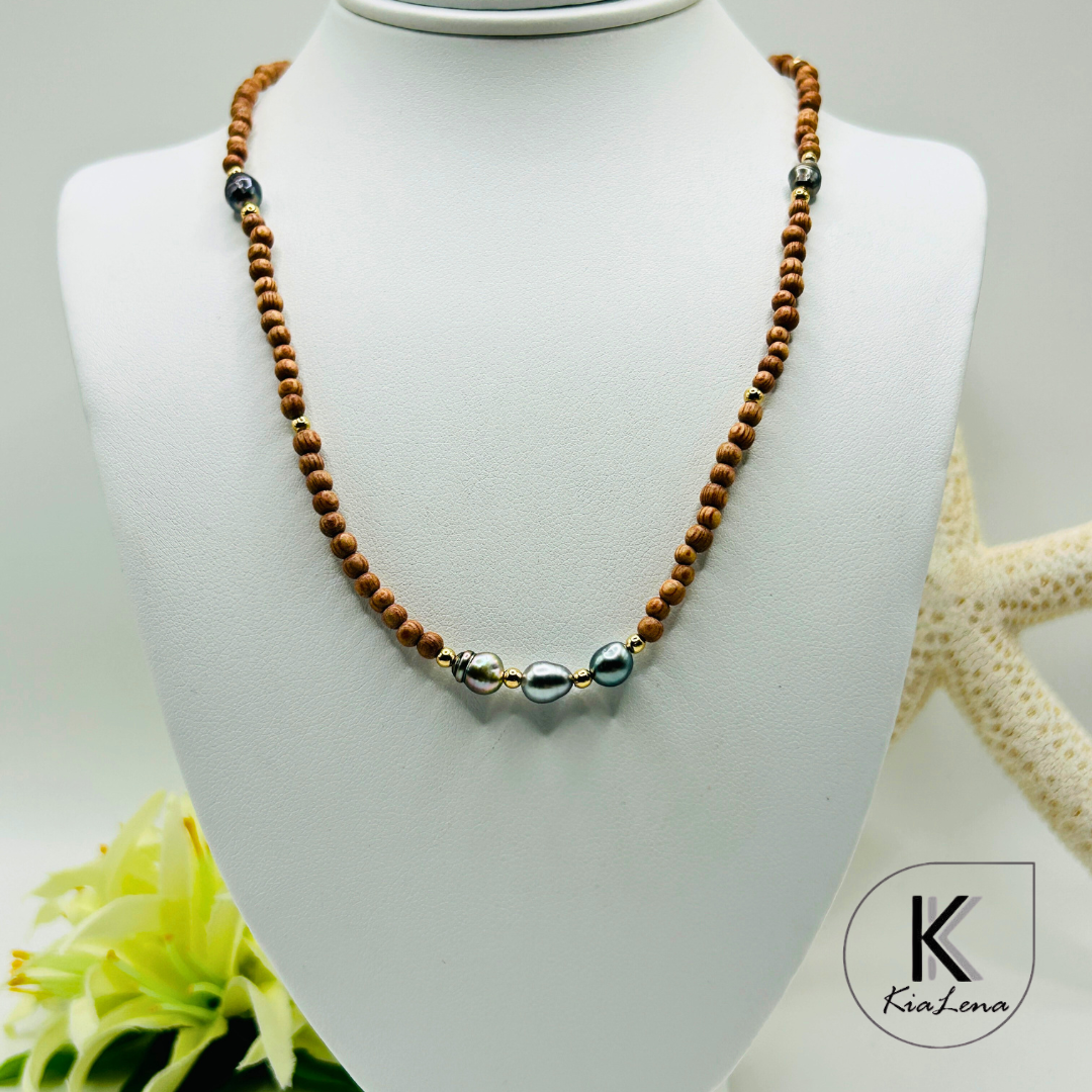 Five Tahitian Keshi Pearls with Sandalwood Necklace
