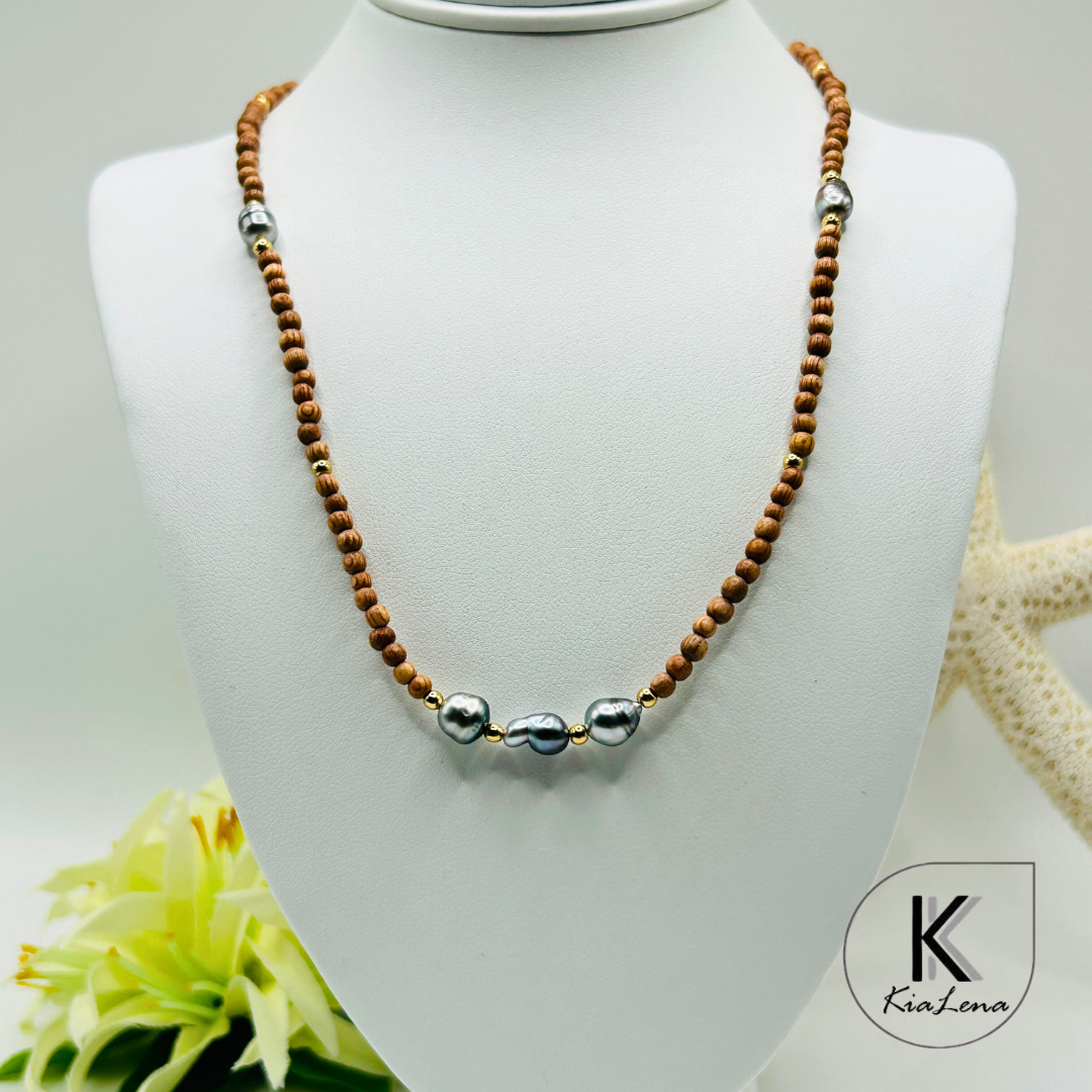 Five Tahitian Keshi Pearls with Sandalwood Necklace
